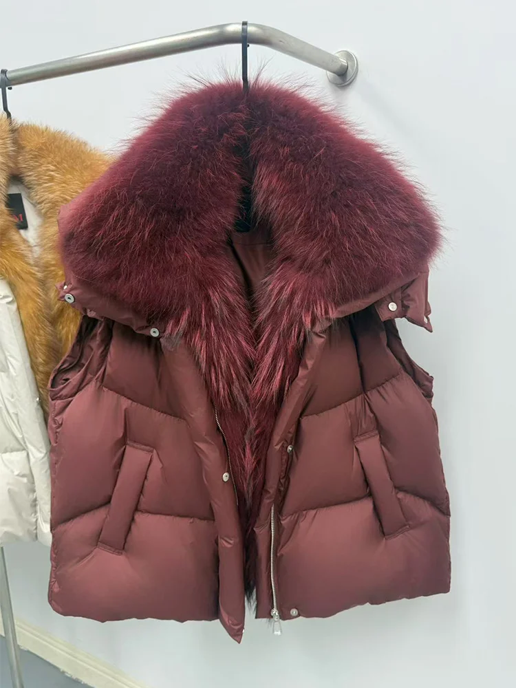 New Fashion Winter Women Goose Down Jacket Real Fox Raccoon Fur Collar Jacket Detachable Sleeves Thick Warm Luxury Female Coat