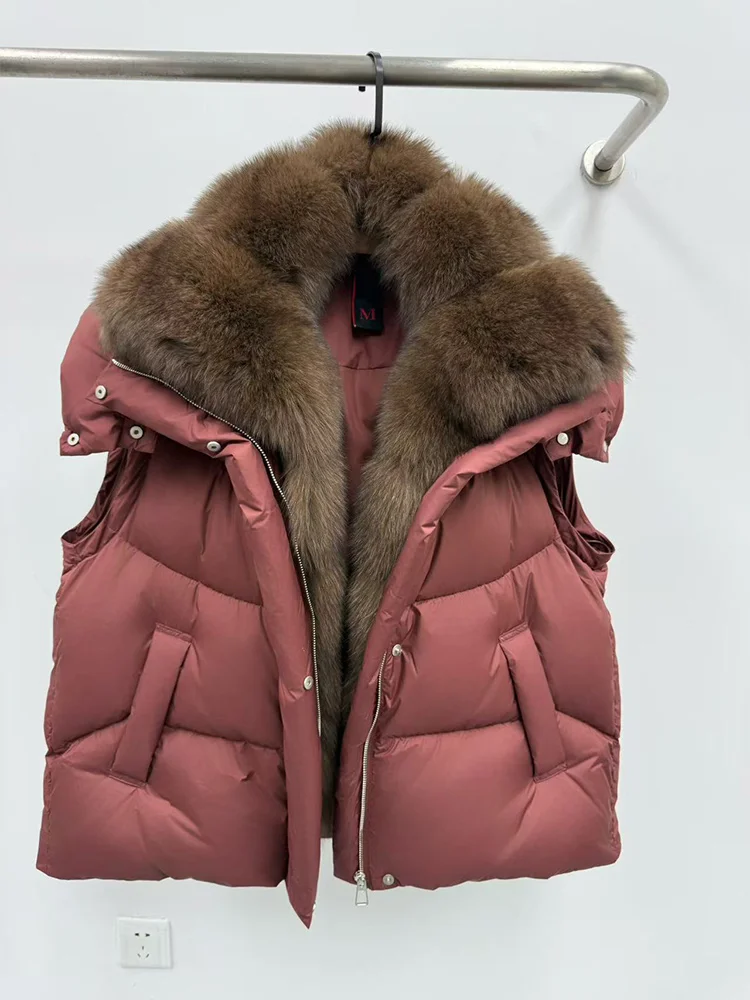 New Fashion Winter Women Goose Down Jacket Real Fox Raccoon Fur Collar Jacket Detachable Sleeves Thick Warm Luxury Female Coat