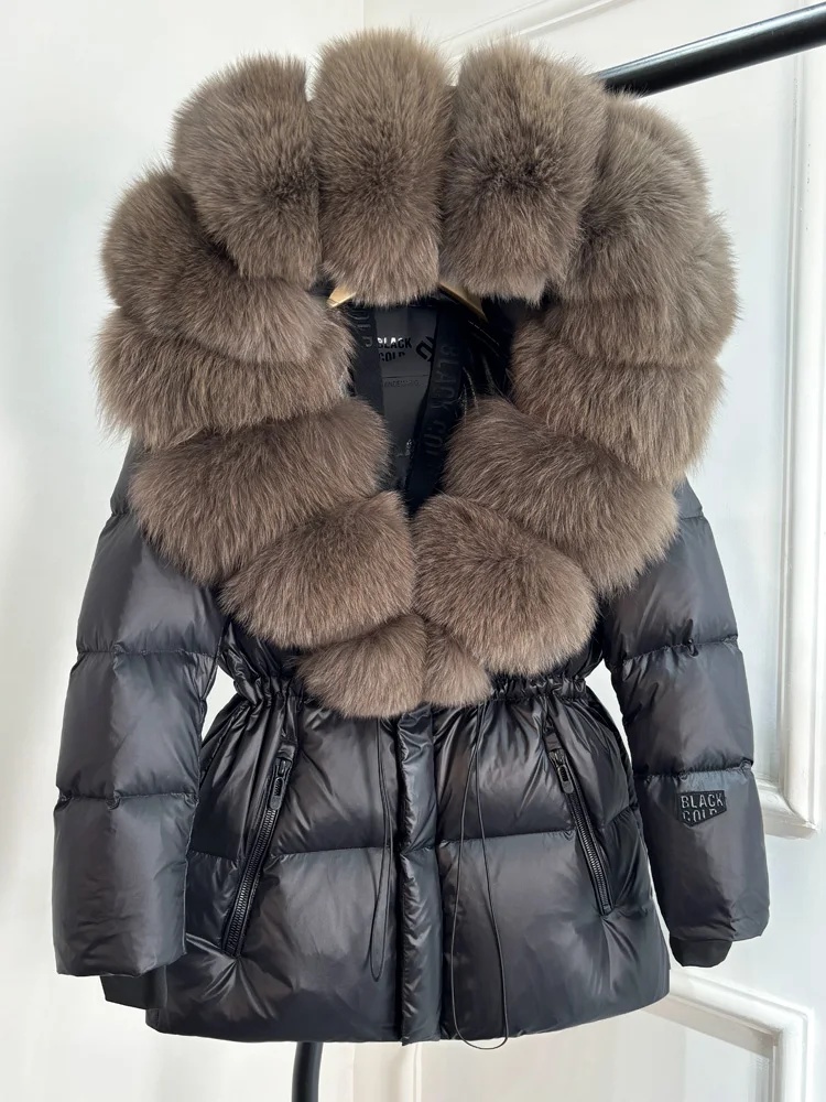 Janveny Glossy Waterproof Puffer Coat Women 2025 New Winter Real Fox Fur Hooded Female Parkas Shiny 90% Duck Down Jacket Outwear