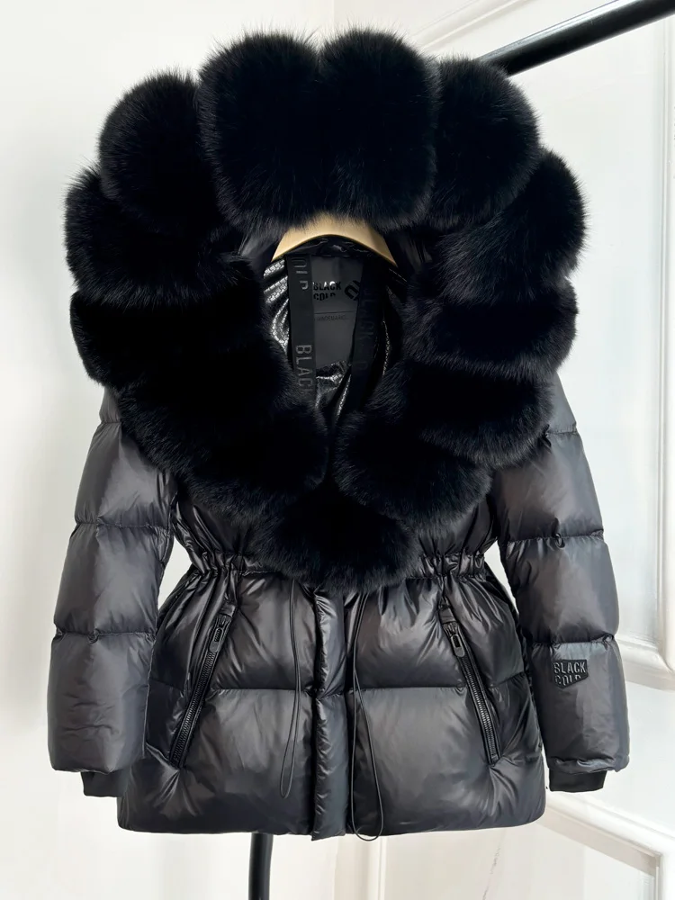 Janveny Glossy Waterproof Puffer Coat Women 2025 New Winter Real Fox Fur Hooded Female Parkas Shiny 90% Duck Down Jacket Outwear