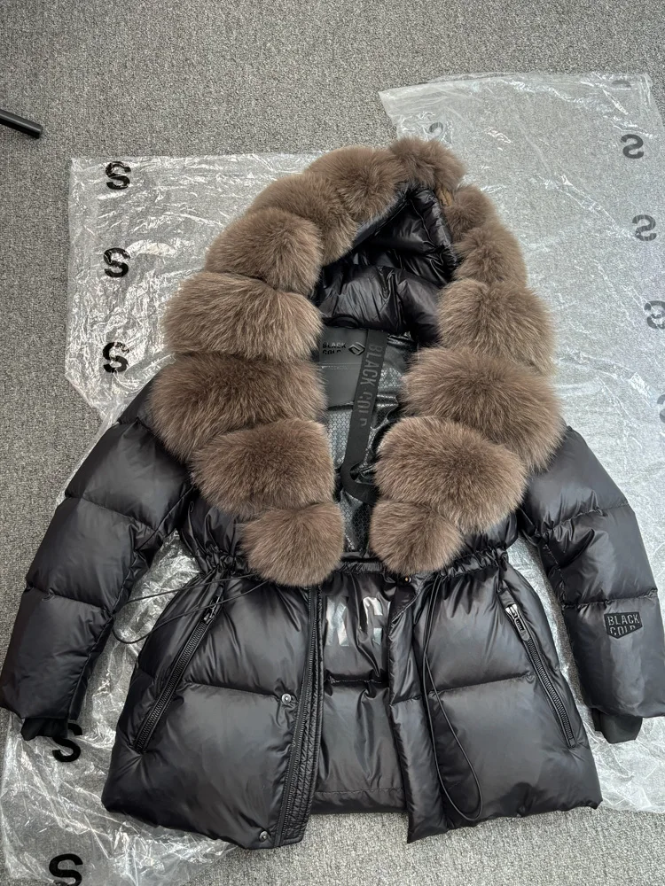 Janveny Glossy Waterproof Puffer Coat Women 2025 New Winter Real Fox Fur Hooded Female Parkas Shiny 90% Duck Down Jacket Outwear