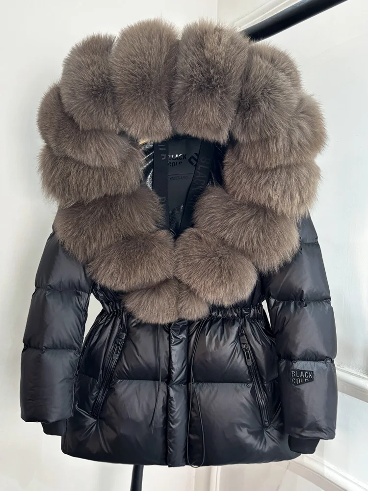 Janveny Glossy Waterproof Puffer Coat Women 2025 New Winter Real Fox Fur Hooded Female Parkas Shiny 90% Duck Down Jacket Outwear