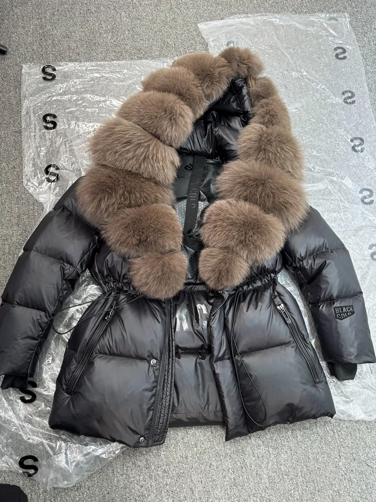 Janveny Glossy Waterproof Puffer Coat Women 2025 New Winter Real Fox Fur Hooded Female Parkas Shiny 90% Duck Down Jacket Outwear