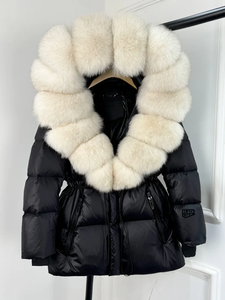 Janveny Glossy Waterproof Puffer Coat Women 2025 New Winter Real Fox Fur Hooded Female Parkas Shiny 90% Duck Down Jacket Outwear