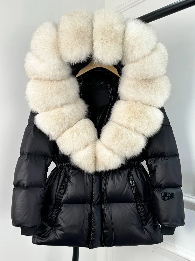 Janveny Glossy Waterproof Puffer Coat Women 2025 New Winter Real Fox Fur Hooded Female Parkas Shiny 90% Duck Down Jacket Outwear