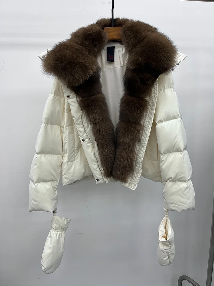 2025 Fashion Winter Women Warm Real Natural Fox Fur Collar Goose Down Jackets Female Outwear Puffer Jackets With Gloves