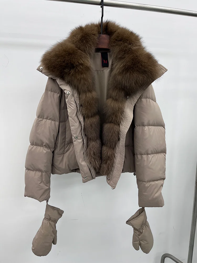 2025 Fashion Winter Women Warm Real Natural Fox Fur Collar Goose Down Jackets Female Outwear Puffer Jackets With Gloves