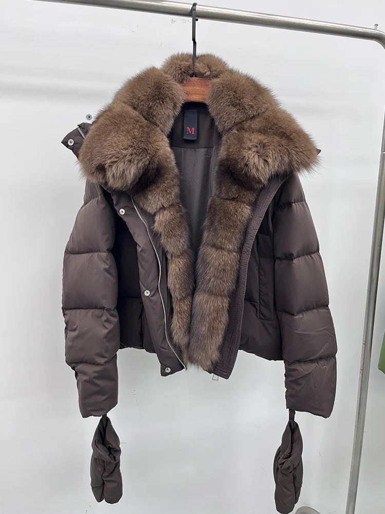 2025 Fashion Winter Women Warm Real Natural Fox Fur Collar Goose Down Jackets Female Outwear Puffer Jackets With Gloves