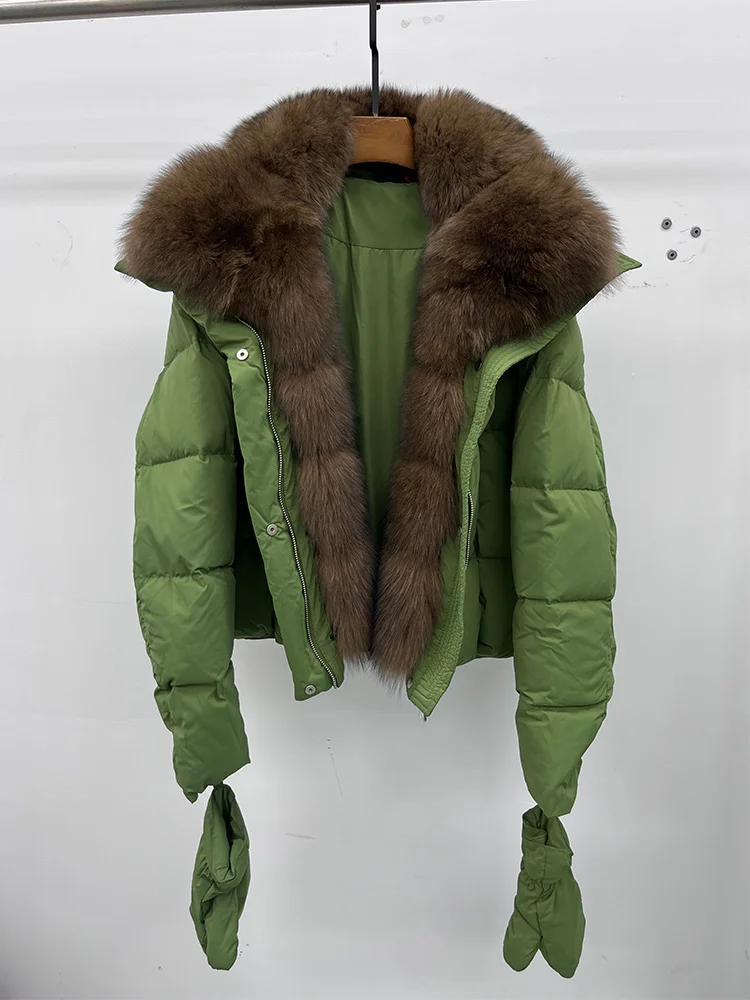 2025 Fashion Winter Women Warm Real Natural Fox Fur Collar Goose Down Jackets Female Outwear Puffer Jackets With Gloves
