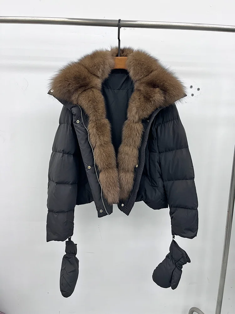 2025 Fashion Winter Women Warm Real Natural Fox Fur Collar Goose Down Jackets Female Outwear Puffer Jackets With Gloves