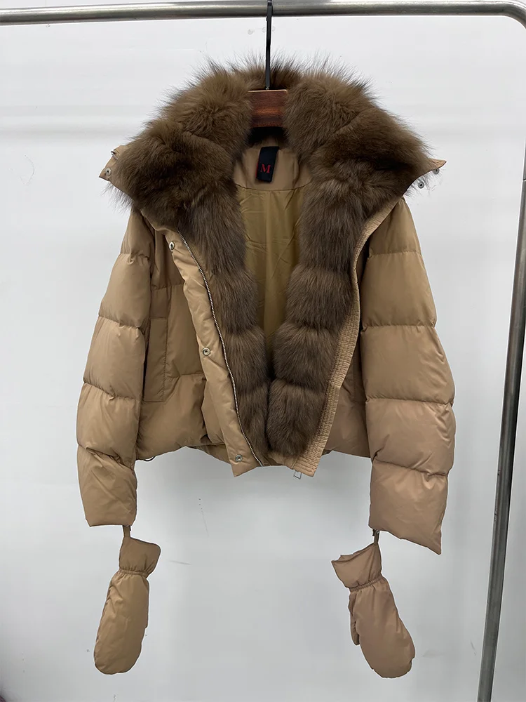 2025 Fashion Winter Women Warm Real Natural Fox Fur Collar Goose Down Jackets Female Outwear Puffer Jackets With Gloves