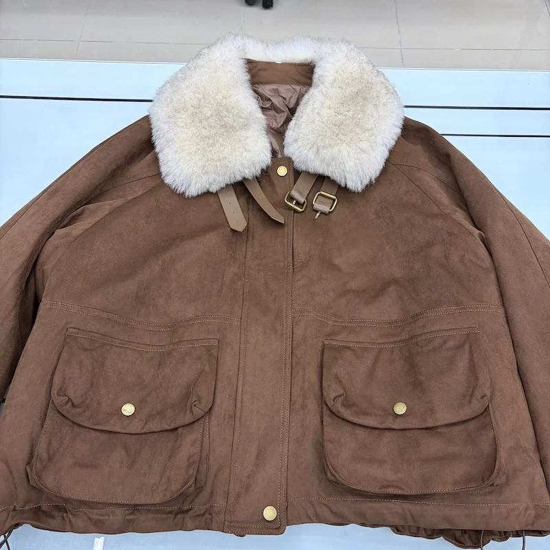 Women Oversized Loose Parka Real Shearling Fur Collar Goose Down Liner Winter Coat Big Pockets Drawstring Hem Warm Outerwear