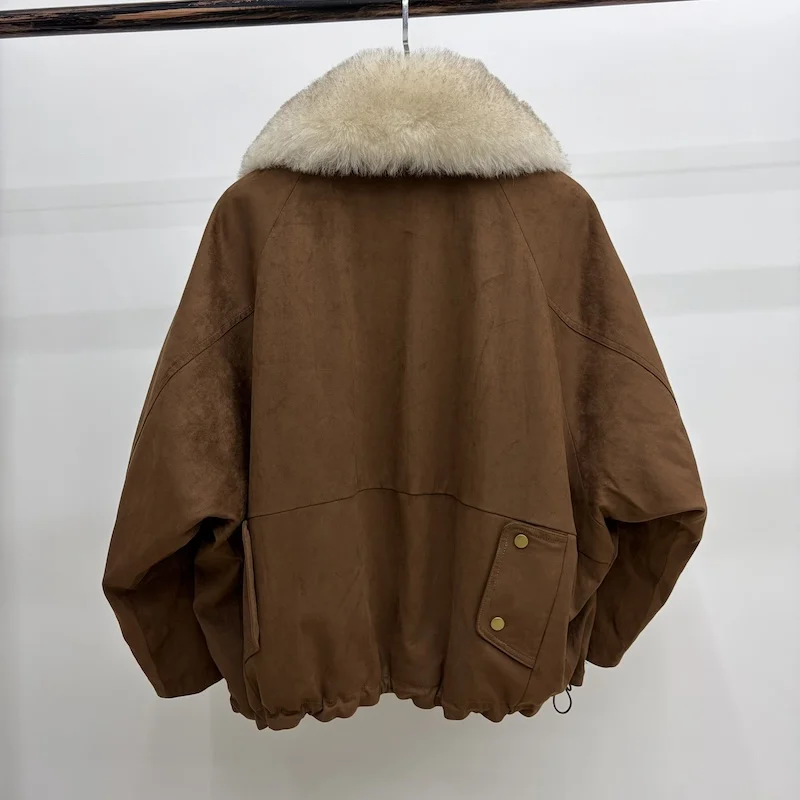 Women Oversized Loose Parka Real Shearling Fur Collar Goose Down Liner Winter Coat Big Pockets Drawstring Hem Warm Outerwear