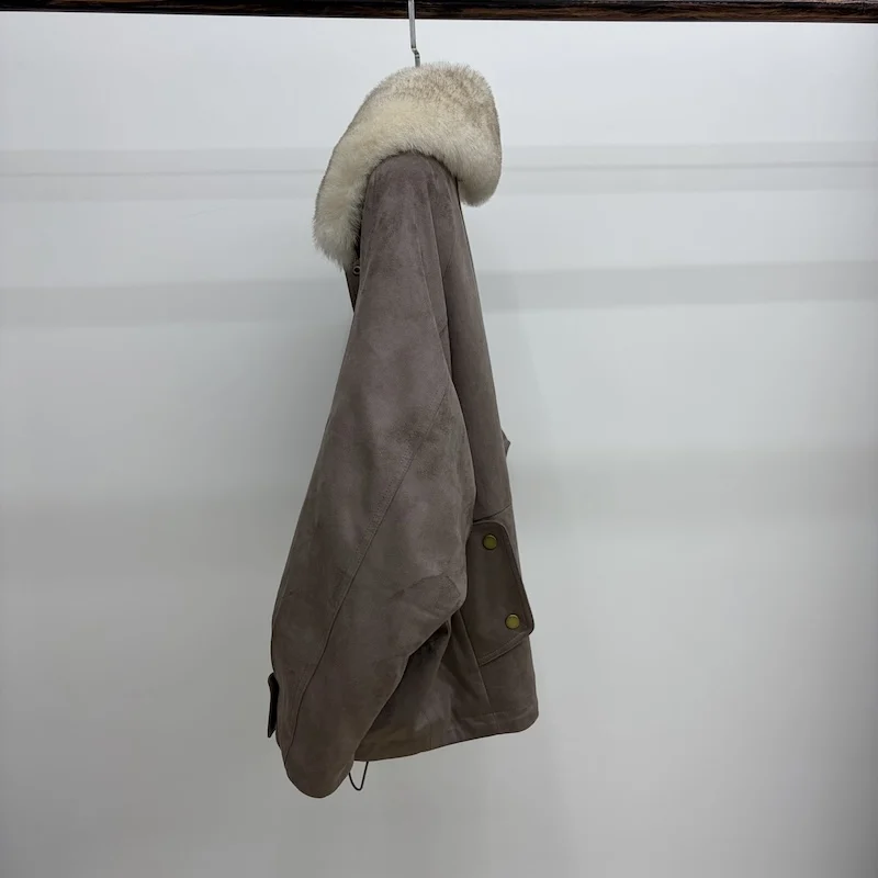 Women Oversized Loose Parka Real Shearling Fur Collar Goose Down Liner Winter Coat Big Pockets Drawstring Hem Warm Outerwear