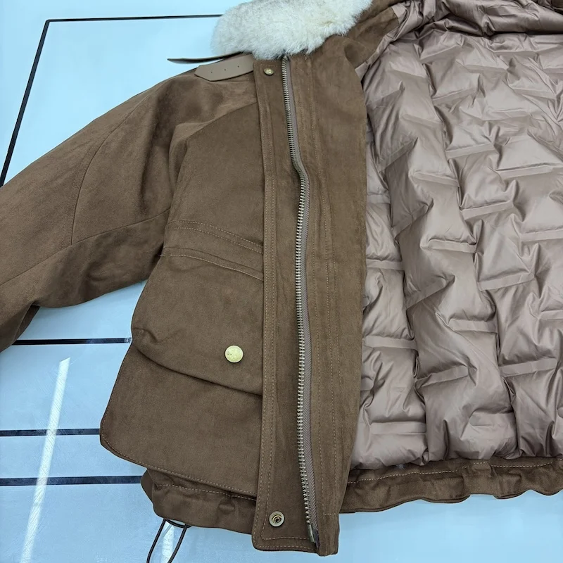 Women Oversized Loose Parka Real Shearling Fur Collar Goose Down Liner Winter Coat Big Pockets Drawstring Hem Warm Outerwear