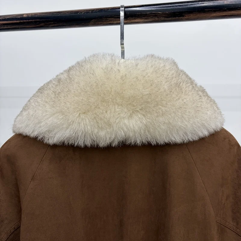 Women Oversized Loose Parka Real Shearling Fur Collar Goose Down Liner Winter Coat Big Pockets Drawstring Hem Warm Outerwear