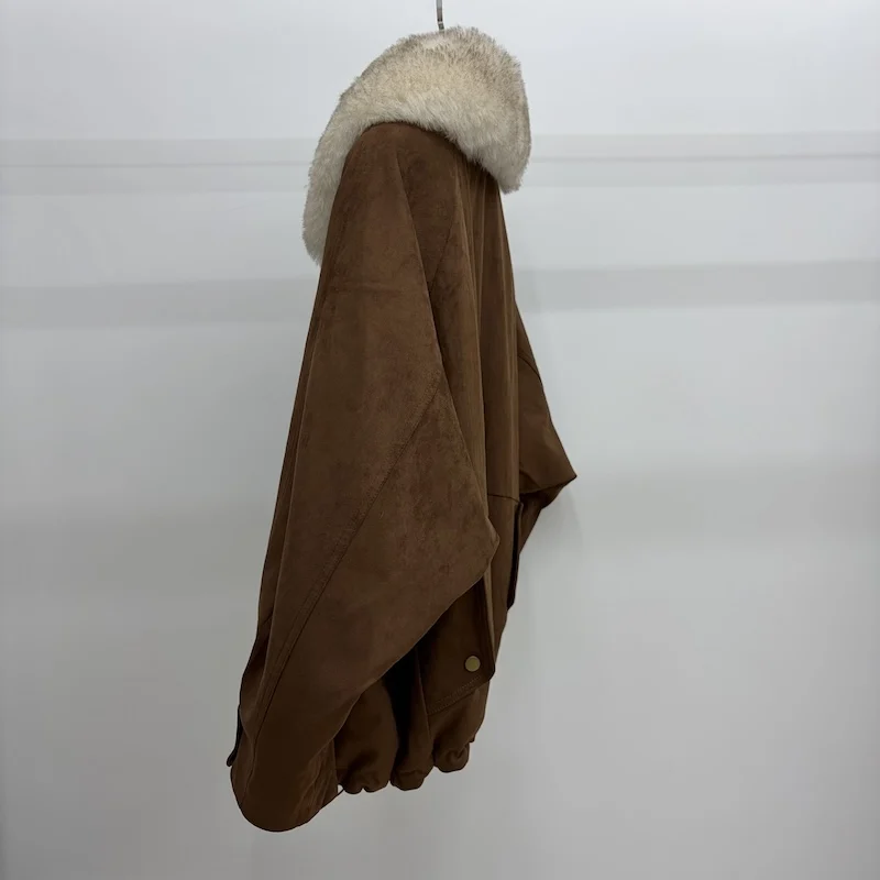 Women Oversized Loose Parka Real Shearling Fur Collar Goose Down Liner Winter Coat Big Pockets Drawstring Hem Warm Outerwear