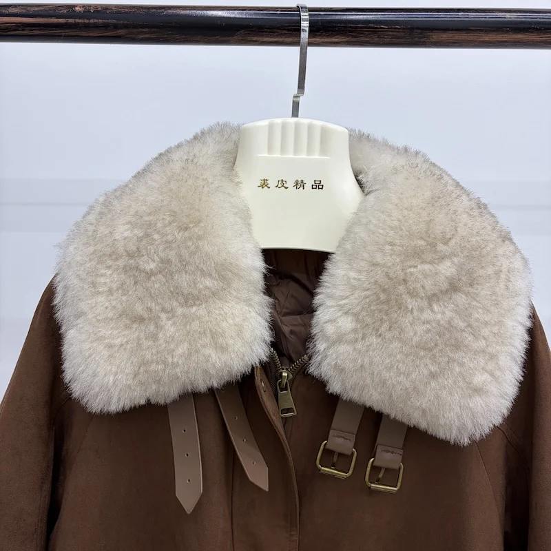 Women Oversized Loose Parka Real Shearling Fur Collar Goose Down Liner Winter Coat Big Pockets Drawstring Hem Warm Outerwear