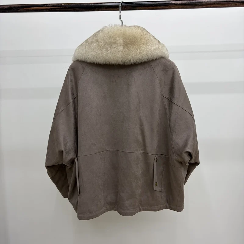 Women Oversized Loose Parka Real Shearling Fur Collar Goose Down Liner Winter Coat Big Pockets Drawstring Hem Warm Outerwear