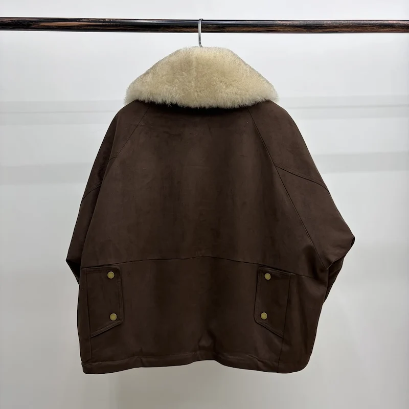 Women Oversized Loose Parka Real Shearling Fur Collar Goose Down Liner Winter Coat Big Pockets Drawstring Hem Warm Outerwear