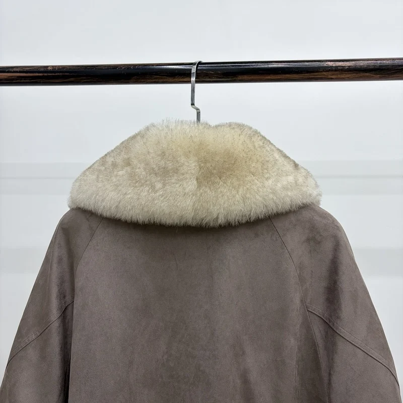 Women Oversized Loose Parka Real Shearling Fur Collar Goose Down Liner Winter Coat Big Pockets Drawstring Hem Warm Outerwear