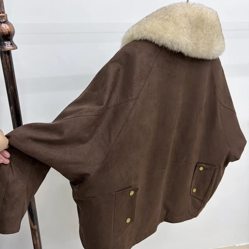 Women Oversized Loose Parka Real Shearling Fur Collar Goose Down Liner Winter Coat Big Pockets Drawstring Hem Warm Outerwear