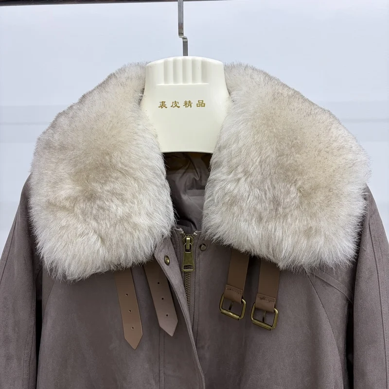 Women Oversized Loose Parka Real Shearling Fur Collar Goose Down Liner Winter Coat Big Pockets Drawstring Hem Warm Outerwear