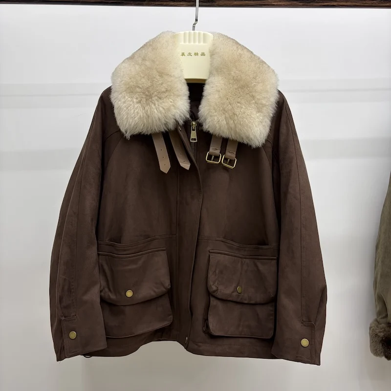 Women Oversized Loose Parka Real Shearling Fur Collar Goose Down Liner Winter Coat Big Pockets Drawstring Hem Warm Outerwear