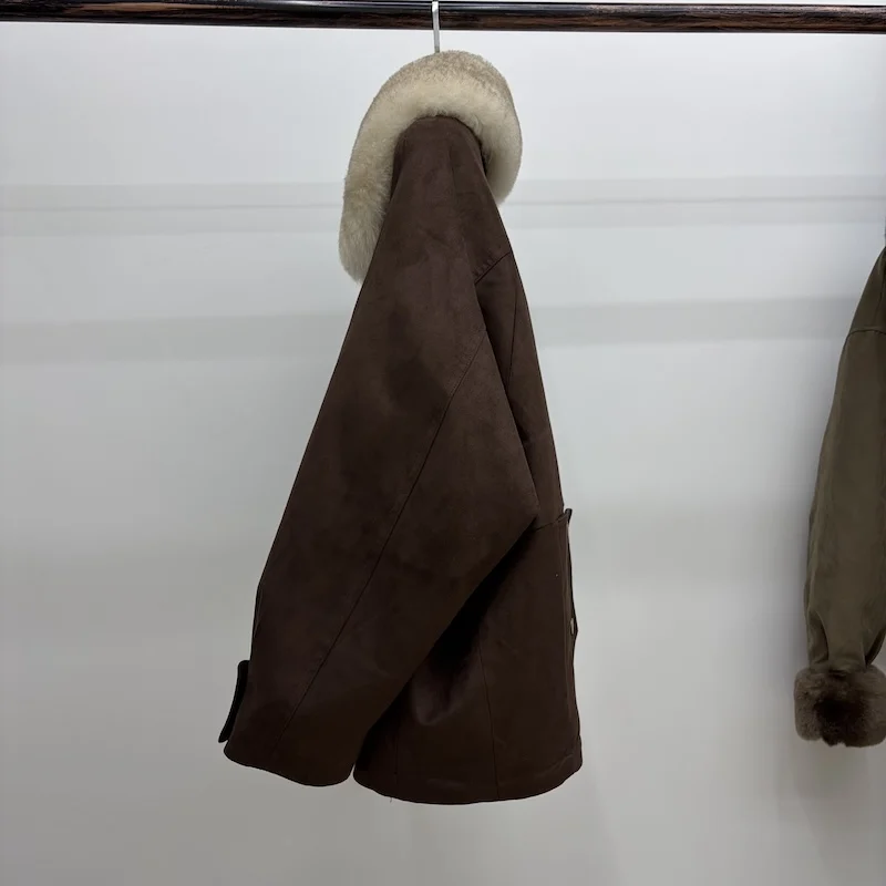 Women Oversized Loose Parka Real Shearling Fur Collar Goose Down Liner Winter Coat Big Pockets Drawstring Hem Warm Outerwear