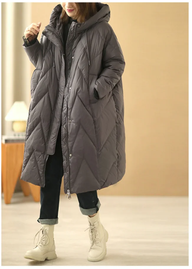 Janveny Women Loose Long Coat 90% White Duck Down Jacket Women 2025 Winter Female Overcoat Winter Hooded Puffer Feather Parkas