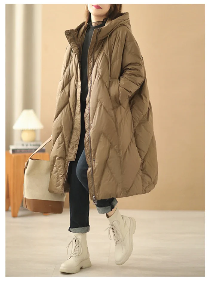 Janveny Women Loose Long Coat 90% White Duck Down Jacket Women 2025 Winter Female Overcoat Winter Hooded Puffer Feather Parkas