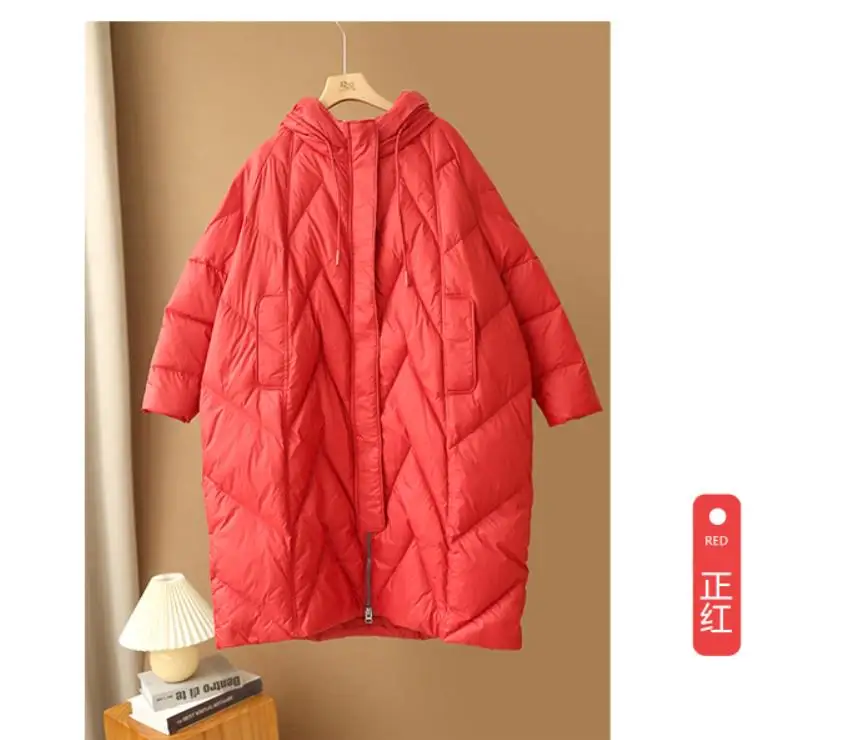 Janveny Women Loose Long Coat 90% White Duck Down Jacket Women 2025 Winter Female Overcoat Winter Hooded Puffer Feather Parkas