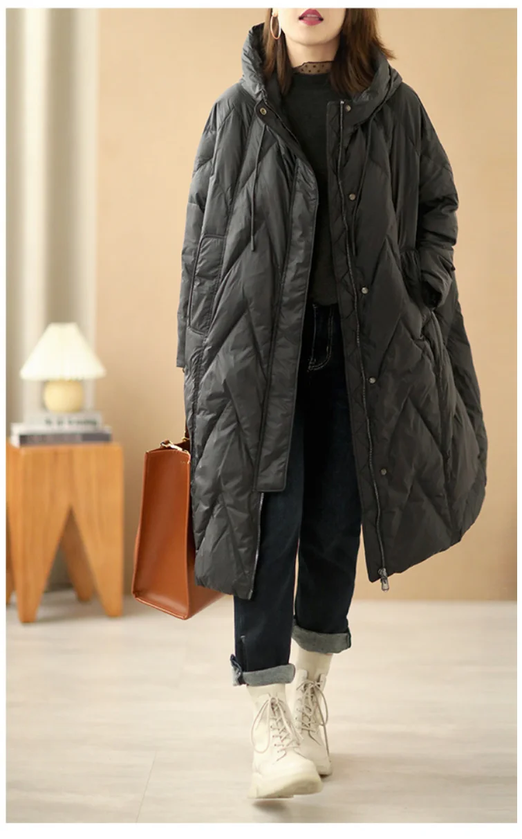 Janveny Women Loose Long Coat 90% White Duck Down Jacket Women 2025 Winter Female Overcoat Winter Hooded Puffer Feather Parkas