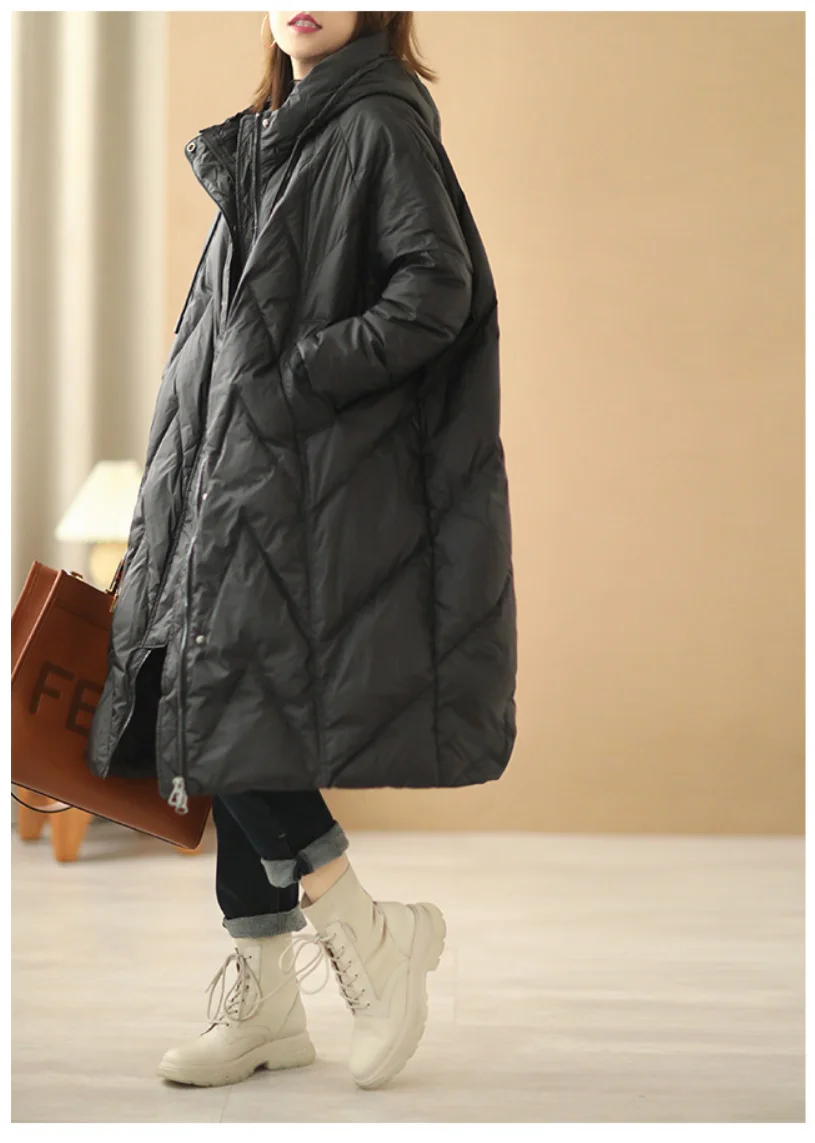 Janveny Women Loose Long Coat 90% White Duck Down Jacket Women 2025 Winter Female Overcoat Winter Hooded Puffer Feather Parkas