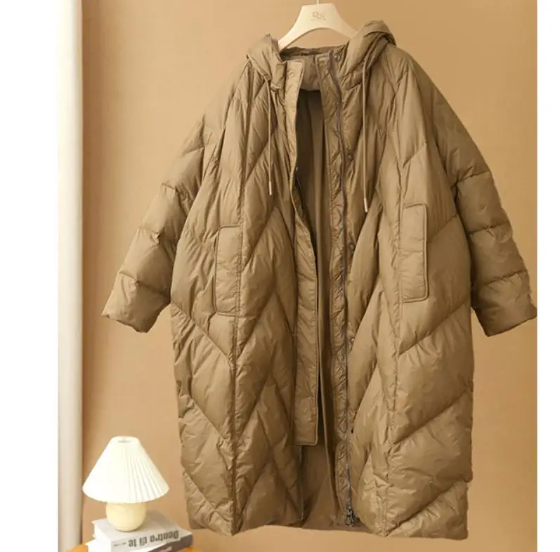 Janveny Women Loose Long Coat 90% White Duck Down Jacket Women 2025 Winter Female Overcoat Winter Hooded Puffer Feather Parkas