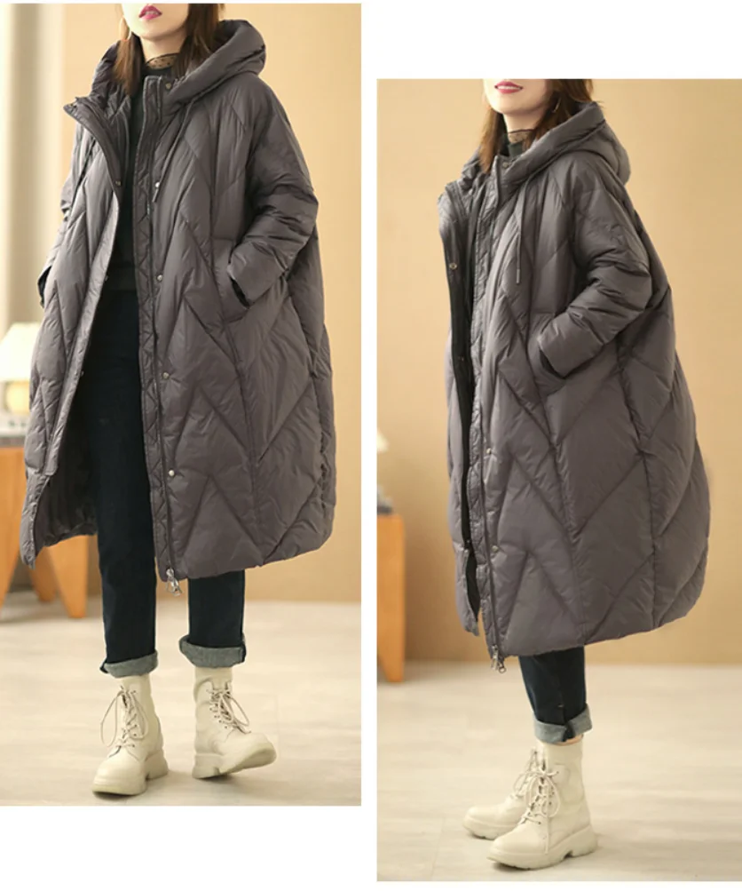 Janveny Women Loose Long Coat 90% White Duck Down Jacket Women 2025 Winter Female Overcoat Winter Hooded Puffer Feather Parkas