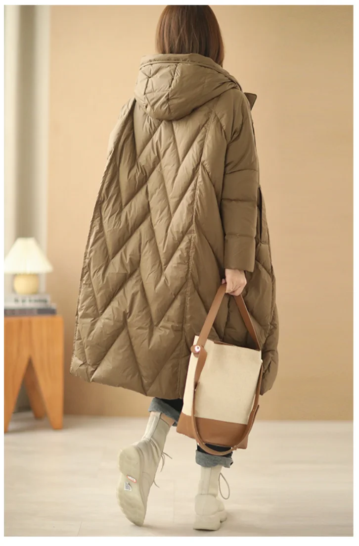 Janveny Women Loose Long Coat 90% White Duck Down Jacket Women 2025 Winter Female Overcoat Winter Hooded Puffer Feather Parkas