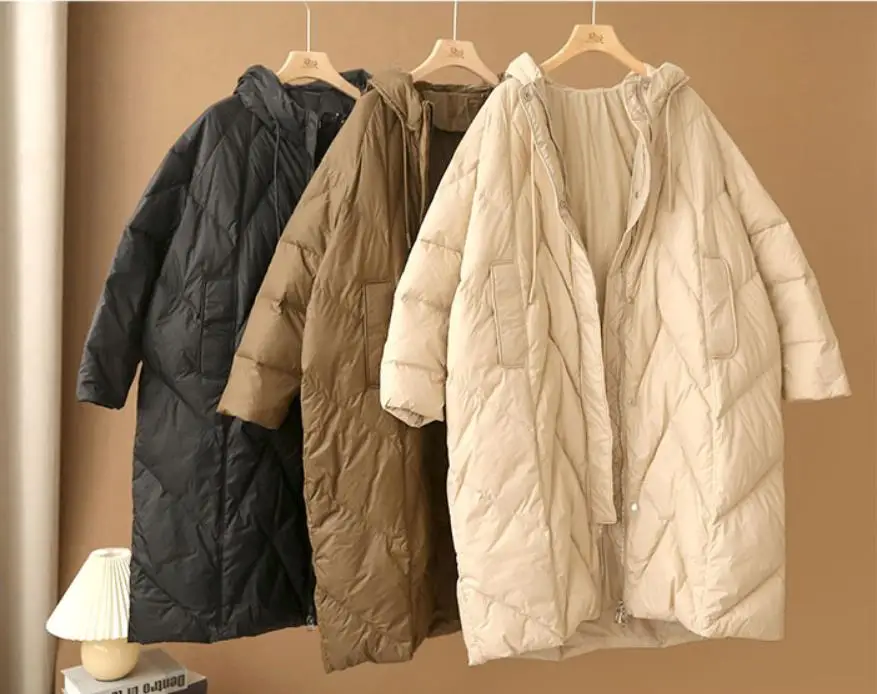 Janveny Women Loose Long Coat 90% White Duck Down Jacket Women 2025 Winter Female Overcoat Winter Hooded Puffer Feather Parkas