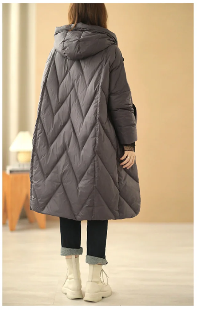Janveny Women Loose Long Coat 90% White Duck Down Jacket Women 2025 Winter Female Overcoat Winter Hooded Puffer Feather Parkas