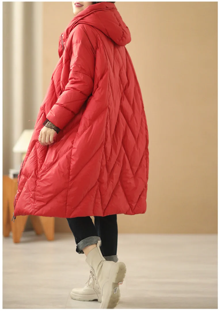 Janveny Women Loose Long Coat 90% White Duck Down Jacket Women 2025 Winter Female Overcoat Winter Hooded Puffer Feather Parkas