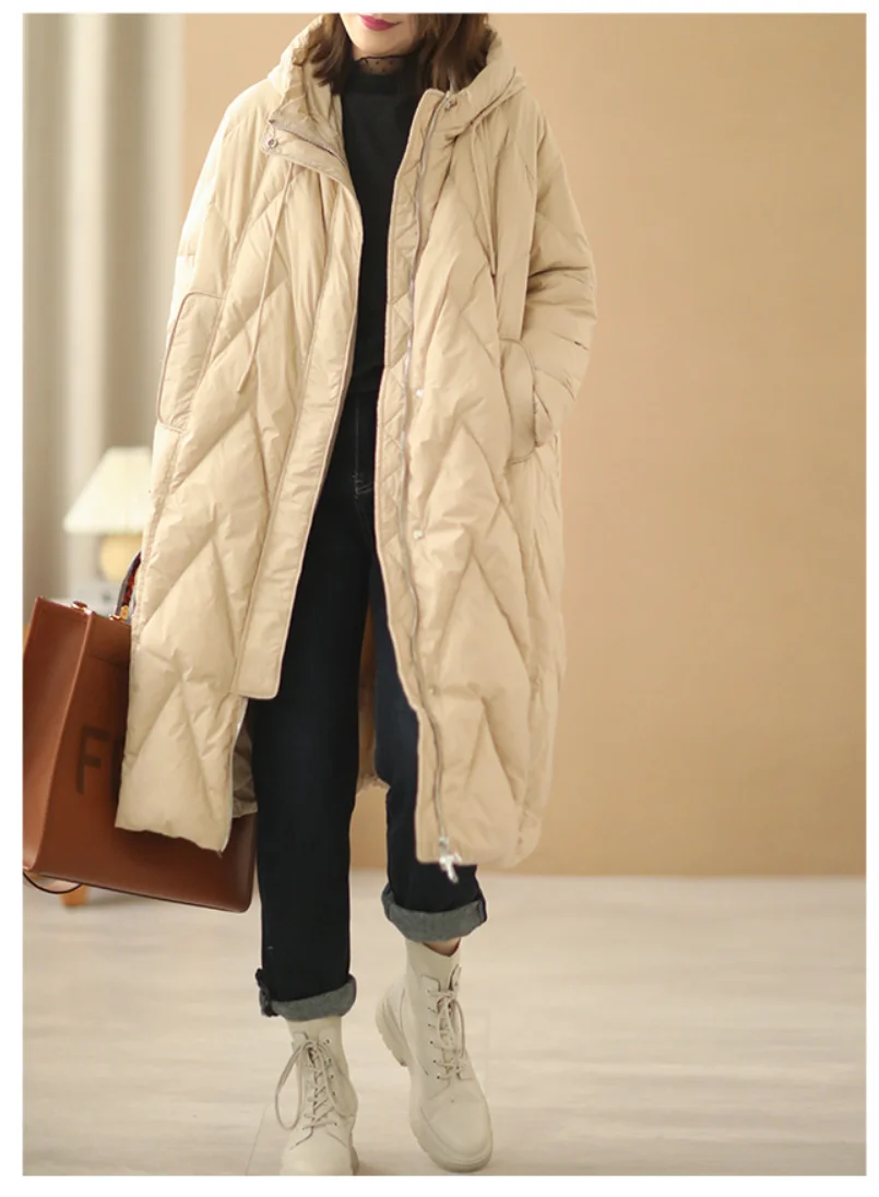 Janveny Women Loose Long Coat 90% White Duck Down Jacket Women 2025 Winter Female Overcoat Winter Hooded Puffer Feather Parkas