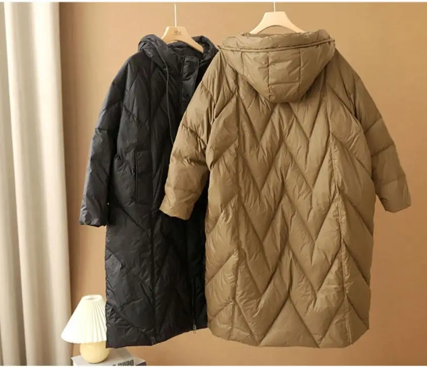 Janveny Women Loose Long Coat 90% White Duck Down Jacket Women 2025 Winter Female Overcoat Winter Hooded Puffer Feather Parkas