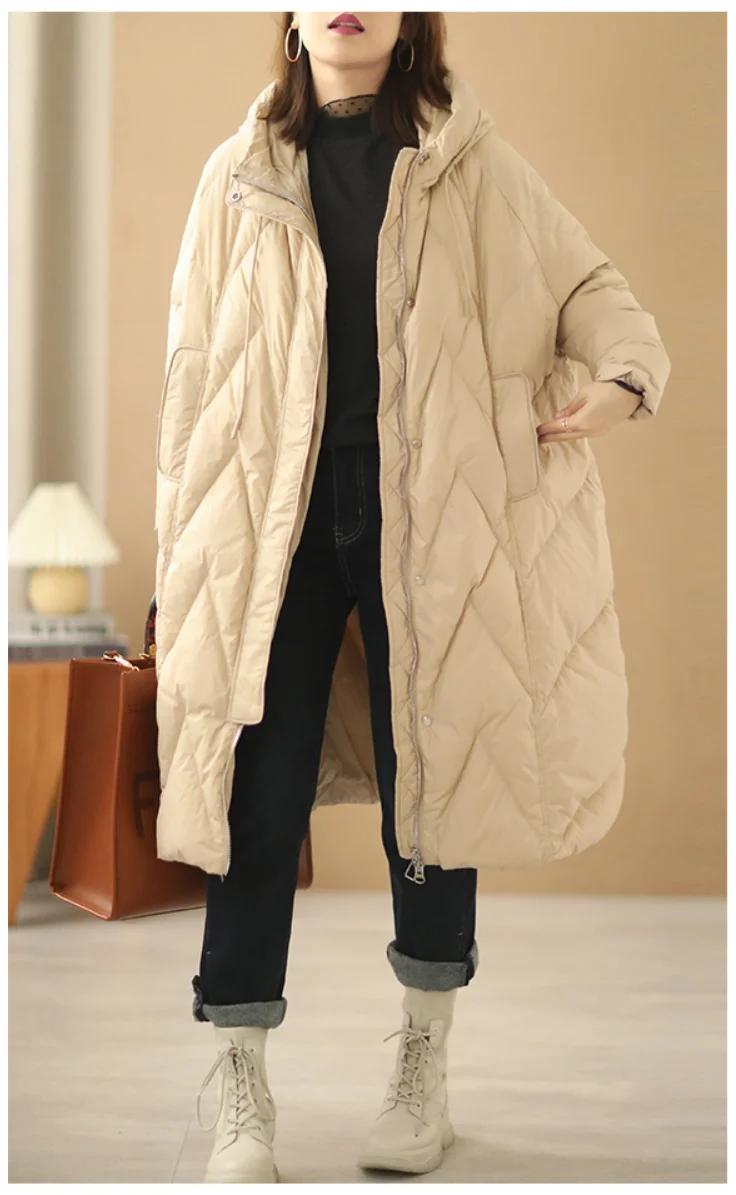 Janveny Women Loose Long Coat 90% White Duck Down Jacket Women 2025 Winter Female Overcoat Winter Hooded Puffer Feather Parkas