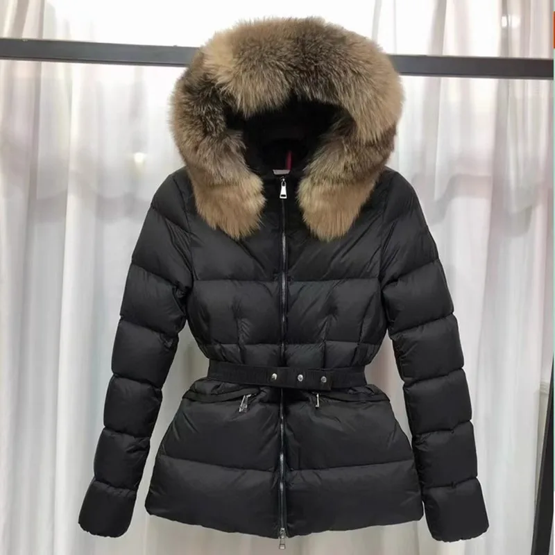 2024 Winter Fashion Down jacket Women Short Thickened Slim fit Waist Hugging Fox Big Fur Collar Hood White Duck