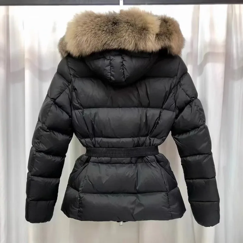 2024 Winter Fashion Down jacket Women Short Thickened Slim fit Waist Hugging Fox Big Fur Collar Hood White Duck