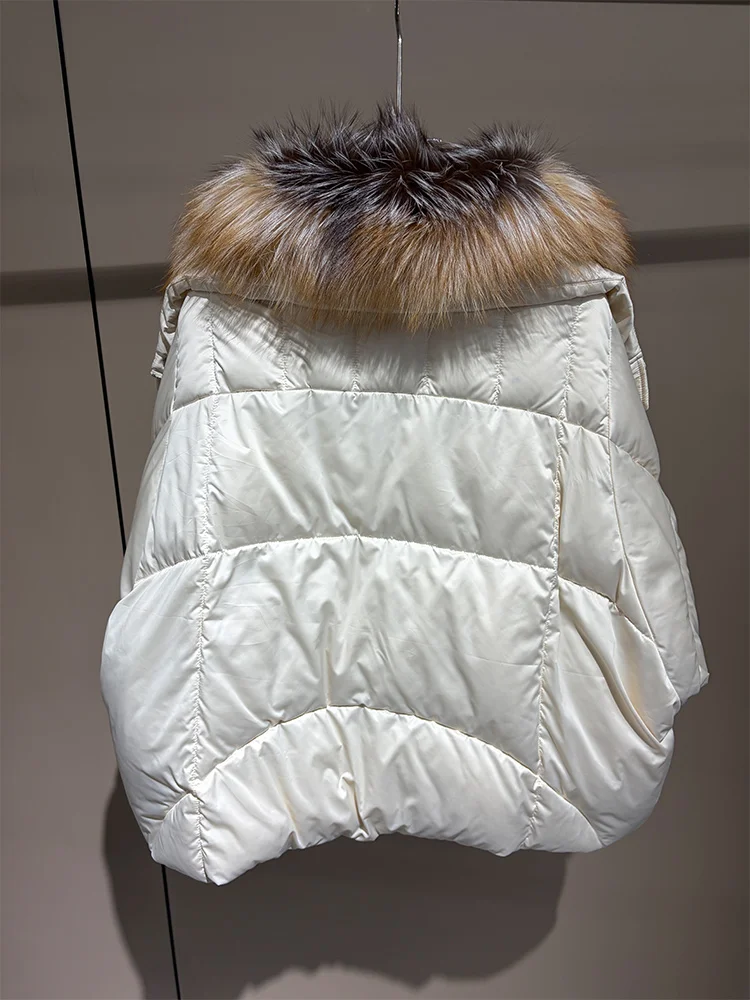 2026 New Winter Warm Women White Goose Down Jacket Real Large Fox Fur Collar Loose Short Puffer Coat Ladies Parka Outerwear