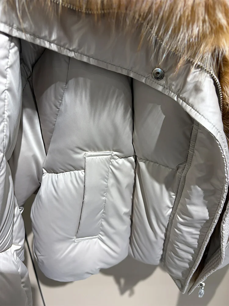 2026 New Winter Warm Women White Goose Down Jacket Real Large Fox Fur Collar Loose Short Puffer Coat Ladies Parka Outerwear