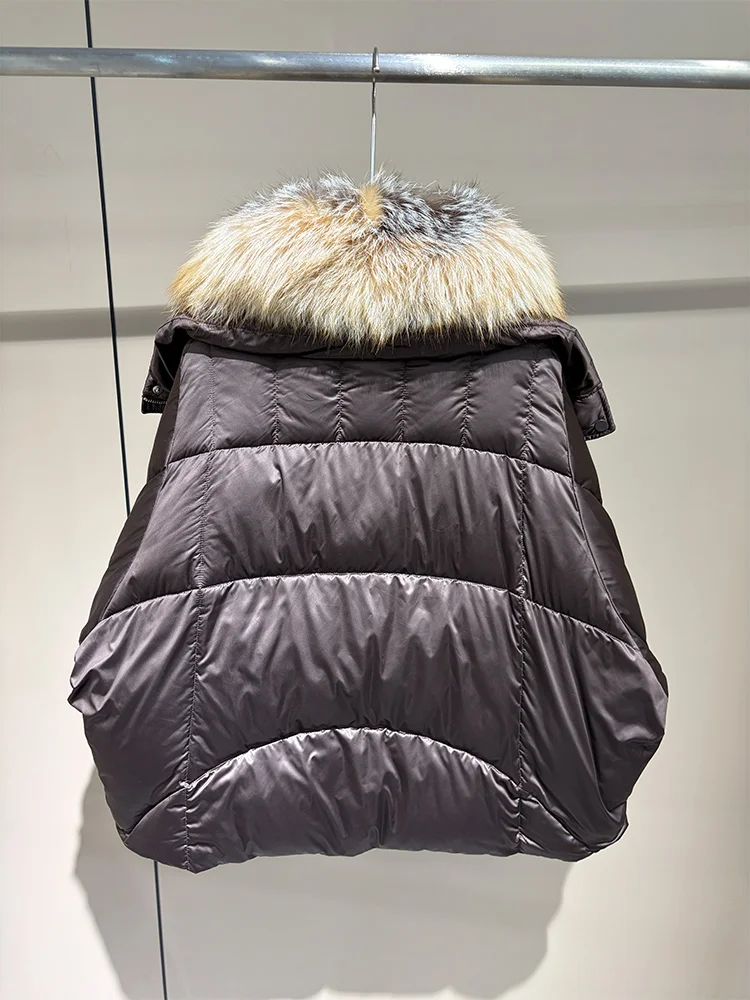 2026 New Winter Warm Women White Goose Down Jacket Real Large Fox Fur Collar Loose Short Puffer Coat Ladies Parka Outerwear