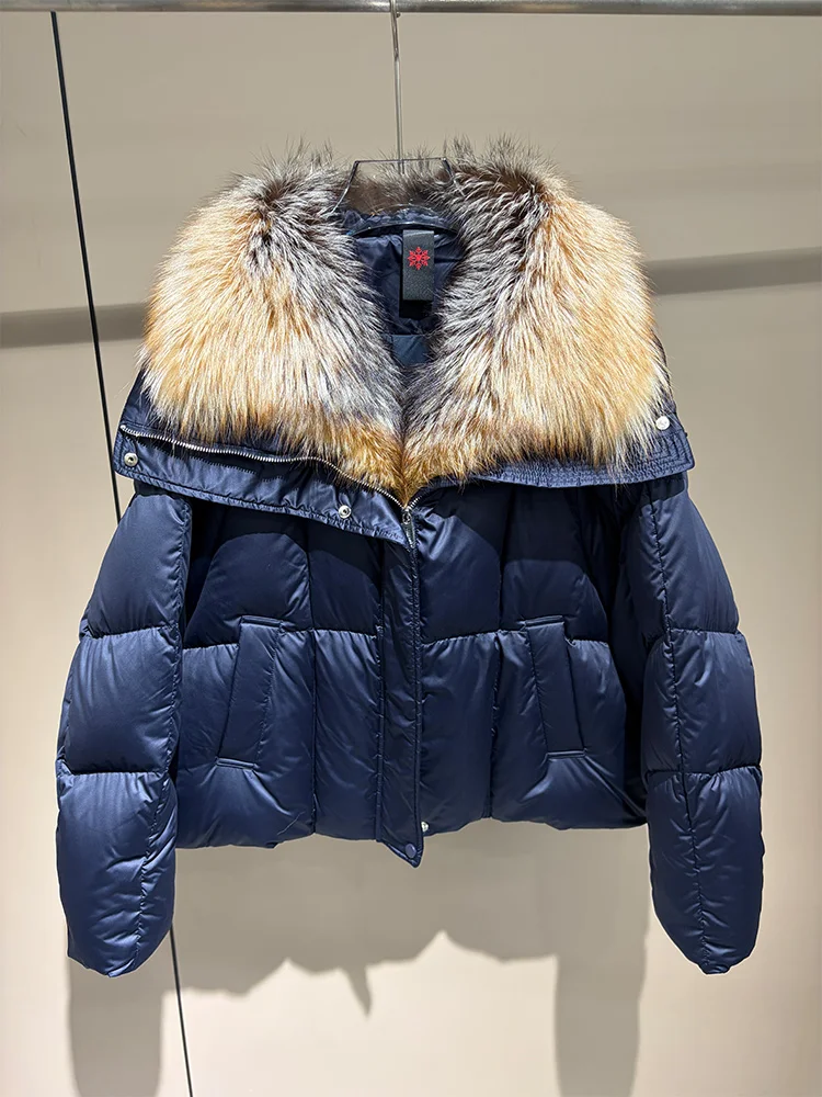 2026 New Winter Warm Women White Goose Down Jacket Real Large Fox Fur Collar Loose Short Puffer Coat Ladies Parka Outerwear