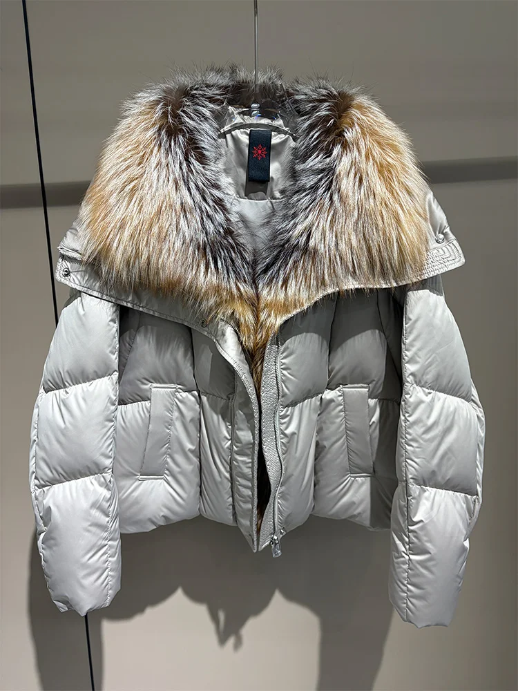 2026 New Winter Warm Women White Goose Down Jacket Real Large Fox Fur Collar Loose Short Puffer Coat Ladies Parka Outerwear